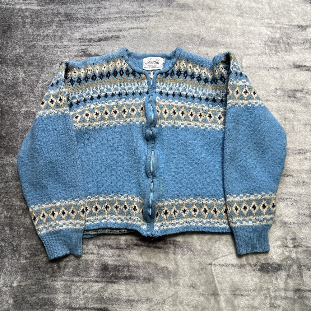 Vintage 70s Jersild Nordic Fair Isle Zip Cardigan Women's XL 100% Virgin Wool